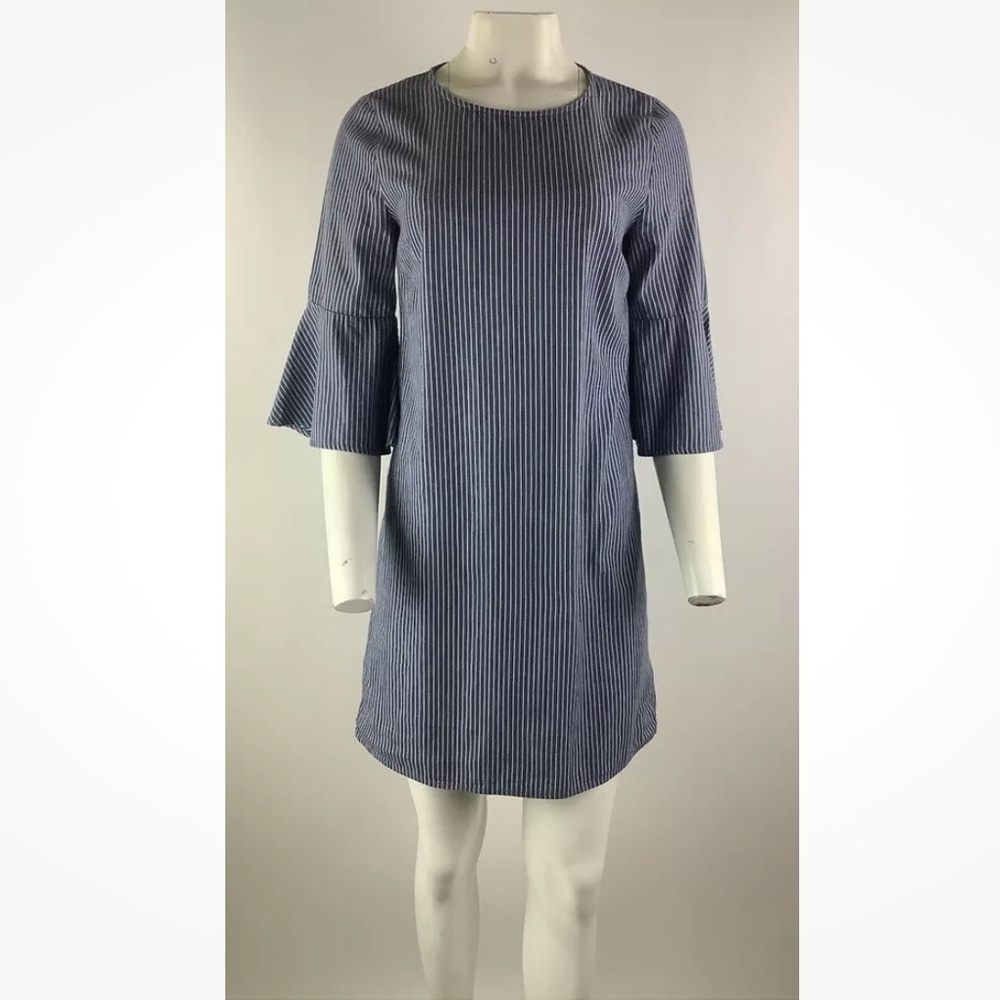 J Crew Sz 4 Striped Cotton Shift Dress Blue White 100% Cotton Flare Sleeves